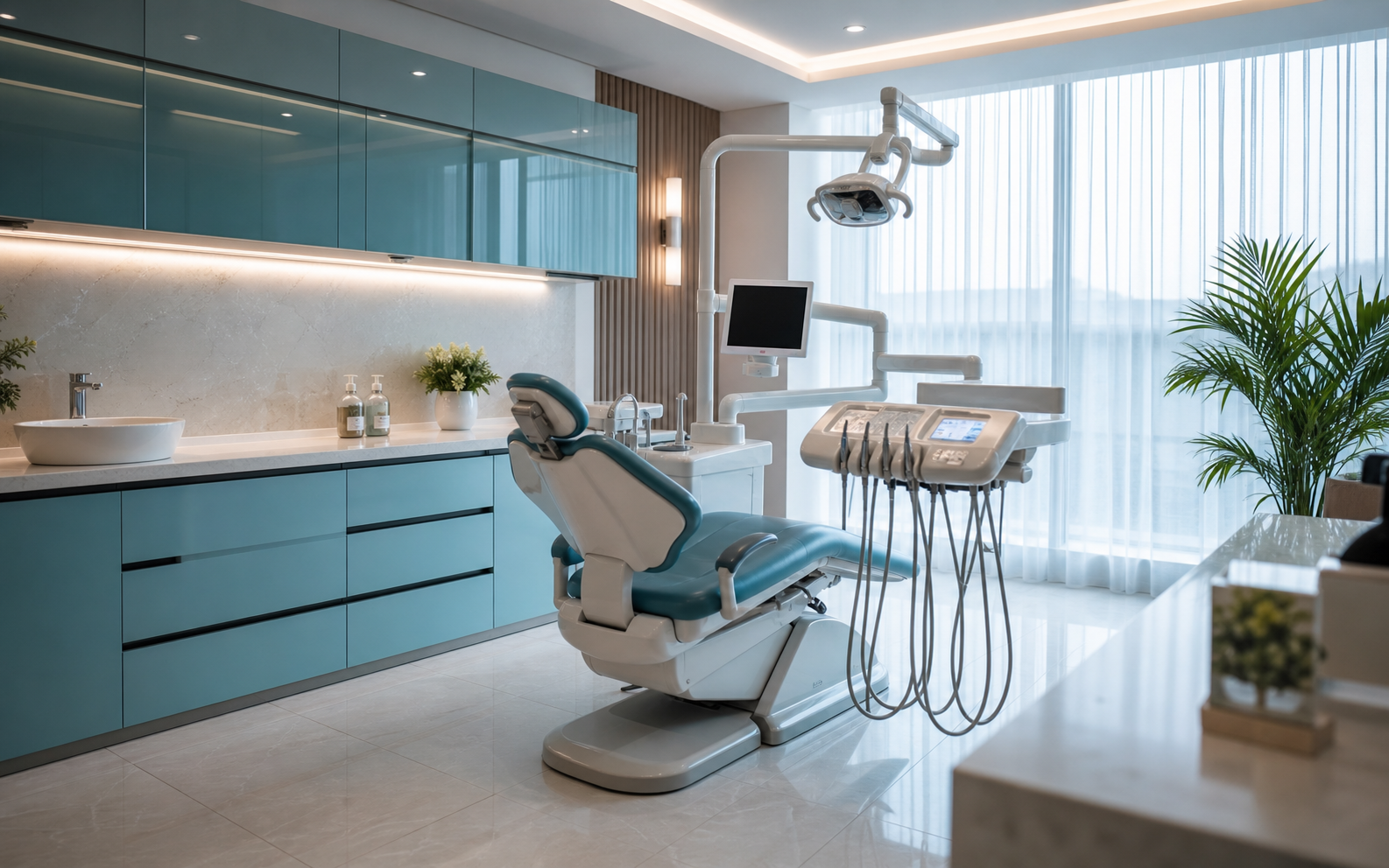 Dental treatment suite with chair and clinical equipment.